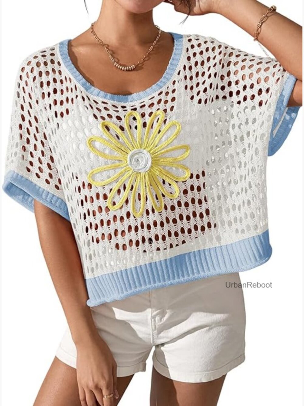 Boho Crochet Crop Sweater Beach Knit Cover Up Short Sleeve Pullover - Picture 1 of 7